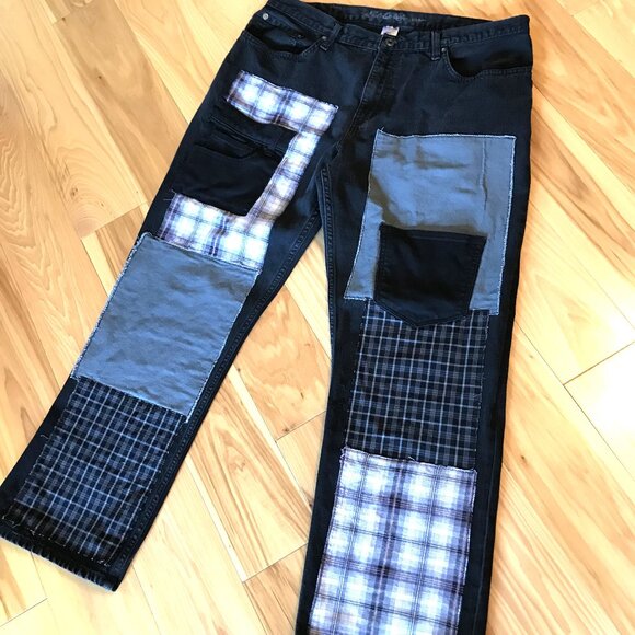 Men’s Hippie Patchwork Jeans, 36x30: Grunge Black Jeans with Gray Black Patches - Picture 6 of 10